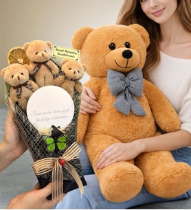 Kişiye Özel Ayıcık Buketi Seti Büyük Boy Peluş Ayıcık ve Aynalı Kahve Ayıcık Buketi (Model 1)