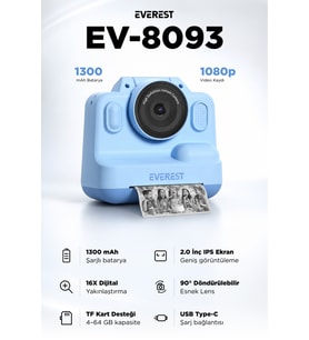 EV-8093 Mavi 1080P Full HD 1300mAh Şarjlı Müzik Anında Baskı Yapabilen Diji