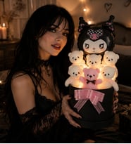 Kuromi Balonlu LED Işıklı Ayıcık Buketi - Peluş Hediye Kutusu Sevgiliye, Eşe ve Kız Arkadaşa Hediye