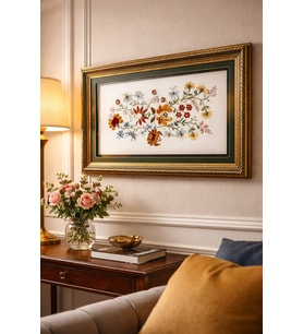 %100 El Yapımı Çiçek Nakış Sanatı, Çerçeveli Türk Tekstili, Altın Simli Detay (87x60 cm)