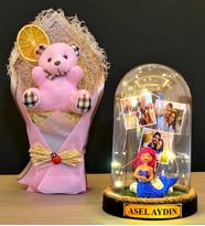 Kişiye Özel İsimli 3 Fotoğraflı Led Işıklı Fanus ve Pembe Peluş Ayıcık Buketi (Model 7)