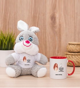 Kişiye Özel Az Önce Aşık Oldum Tasarım Esprili Peluş Tavşan ve Kırmızı Kupa