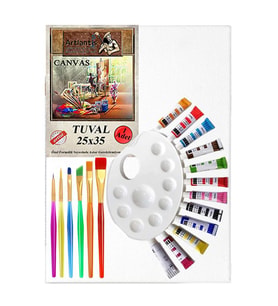 Akrilik Boya Hobi Boyama Seti 1 Paket 25x35 cm Tuval 12 li Akrilik Boya Tüp Resim Paleti Fırça Seti 6 lı  (Çok Renkli)