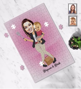 Kişiye Özel Anneler Günü Anne ve Erkek Çocuk Karikatürlü A3 130 Parça Puzzle Model-2