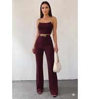 Kadın Zincir Askılı Krop Ithal Krep Bluz Ve Pantolon Ikili Takım