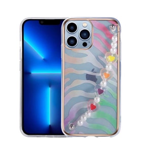 Apple iPhone 12 Pro Kılıf Pilla Renkli Kalp Desenli Tutacak Kılıf (Yeşil-Pembe)
