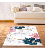 Yaprak Mermer Desenli Dijital Baskı Yıkanabilir Kaymaz Taban Modern Salon Halısı ve Yolluk (Beyaz)