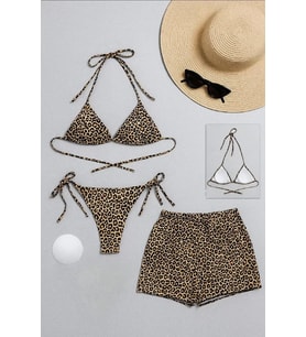 Kadın 3'lü Set Leopar Desenli Şortlu ve Yandan Bağlamalı Bikini Mayo Takımı