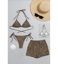 Kadın 3'lü Set Leopar Desenli Şortlu ve Yandan Bağlamalı Bikini Mayo Takımı