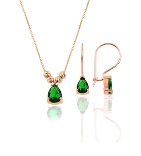 Gümüş rose kök zümrüt taşlı dorica damla kolye ve çengelli küpe seti  SGTL11417YESIL