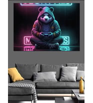 Oyun Konsoluyla Oynayan Modern Panda Dekoratif Kanvas - Mdf Ahşap Tablo