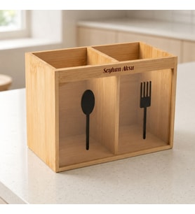 BK Gift Kişiye Özel 2 Bölmeli Bambu Kaşıklık, Doğal Ahşap Mutfak Düzenleyici 18x9x13 Cm