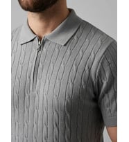 Erkek Yazlık Triko Saç Örgü Tişört Kısa Kol Polo Yaka Fermuarlı T-Shirt - Gri