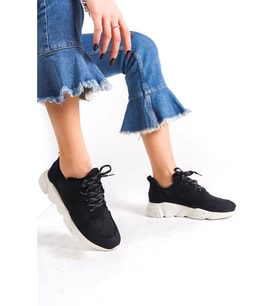 Siyah Unisex  Bağcıklı Yüksek Tabanlı Kadın Spor Ayakkabı (Karışık)