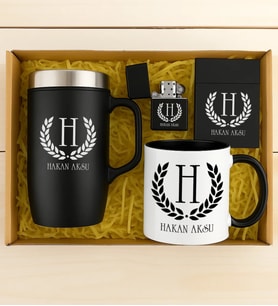 BK Gift Kişiye Özel İsimli Siyah Termos Mug & Kupa & Sigara Kutusu & Çakmak Hediye Seti-1  Babalar Günü Hediyesi, Erkeklere Özel Hediye