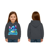 Unisex Stitch Baskılı Çocuk Swaetshirt  Baskılı Kapüşonlu 3 İplik Şardonlu (Füme)