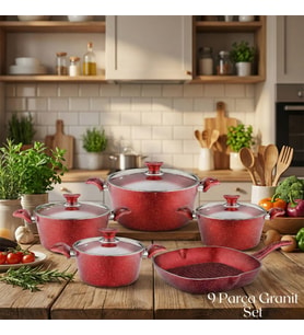 ARZU ÇELİK 9 Parça Granit Set Cam Kapak - Kırmızı