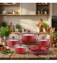 ARZU ÇELİK 9 Parça Granit Set Cam Kapak - Kırmızı