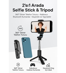 Katlanabilir Selfie Çubuğu ve Tripod, Paslanmaz Çelik, 360° Döner, Çok Fonksiyonlu