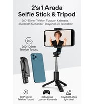Katlanabilir Selfie Çubuğu ve Tripod, Paslanmaz Çelik, 360° Döner, Çok Fonksiyonlu