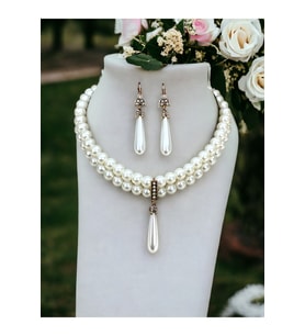 Kristal Taşlı İnci Sallantılı Tasma İnci Kolye ve İnci Küpe