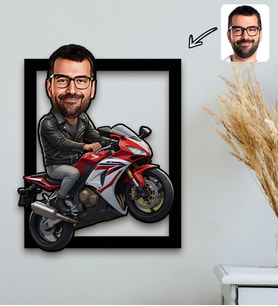 BK Gift Kişiye Özel Motorcu Tasarımlı Karikatür 3D Ahşap Tablo-1, Arkadaşa Hediye, Sevgiliye Hediye