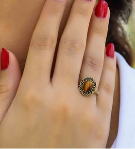 Doğal Taş Kaplangözü Doğal Taşlı Antik Model Kadın Ayarlanabillir Yüzük euy77kg (Kahverengi)