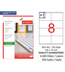 Tanex Lazer Etiket tw-2208 500 A4 Sayfa Laser Etiket 105 x 70 mm Boyutunda 1 A4 Sayfada 8 Etiket