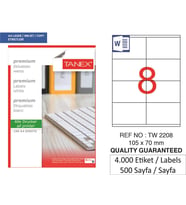 Tanex Lazer Etiket tw-2208 500 A4 Sayfa Laser Etiket 105 x 70 mm Boyutunda 1 A4 Sayfada 8 Etiket