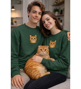 Sarman Kedi Desenli Sevgili Sweatshirt – Unisex Çift Kombini (Koyu Yeşil)
