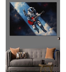 Uzay Boşluğunda Gitar Çalan Astronot Dekoratif Kanvas - Mdf Ahşap Tablo