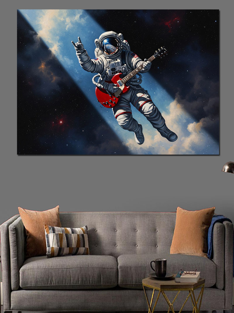 Uzay Boşluğunda Gitar Çalan Astronot Dekoratif Kanvas - Mdf Ahşap Tablo