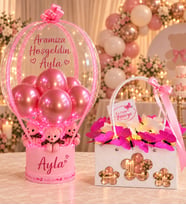 Anne ve Kız Bebeğe Hediye Seti – Kişiye Özel İsimli Led Işıklı Bobo Balon, Peluş Ayıcıklar ve Işıklı Kelebek Sepeti Bebek Hediyesi