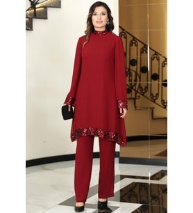 Umay Şifon Tunik Pantolon İkili Tesettür Takım Bordo