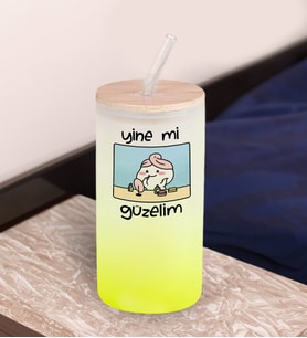 BK Gift Esprili Tasarım Sarı Renk Pipetli Buzlu Cam Bardak 600ml - 8, Arkadaşa Hediye, Doğum Günü Hediyesi
