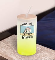 BK Gift Esprili Tasarım Sarı Renk Pipetli Buzlu Cam Bardak 600ml - 8, Arkadaşa Hediye, Doğum Günü Hediyesi