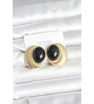 Pirinç Gold Renk Siyah Boncuklu Oval Vintage Kadın Küpe 5886 - HPSBYI2148-5886