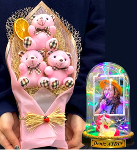 Kişiye Özel Renkli Led Işıklı Fanus ve Büyük Boy Pembe Ayıcık Buketi (Model 10)
