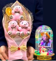 Kişiye Özel Renkli Led Işıklı Fanus ve Büyük Boy Pembe Ayıcık Buketi (Model 10)