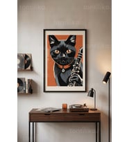 Kedi ve Müzik 1. Kalite Ahşap Çerçeveli Tablo