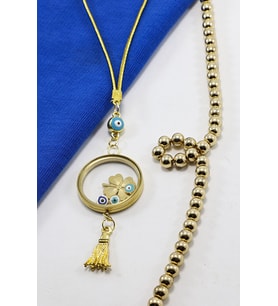 Püsküllü Gold Renkli Nazarlı Çelik Çerçeveli Yoncalı Açılabilir Fanus Model Dikiz Ayna Süsü