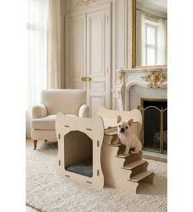 Ahşap Köpek Kulübesi Dekoratif Köpek Evi Açık Meşe Renk Merdivenli Model