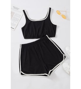 Kadın Siyah Askılı Crop Top ve Şortlu Gecelik Takım H110560