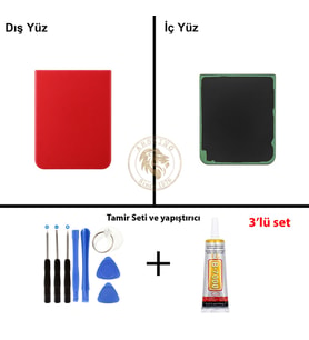 Samsung Galaxy Z Flip 4 Kırmızı Renk Arka Kapak + Tamir Seti + B7000 Yapıştırıcı Arka Cam Batarya Kapağı Pil Kapağı Lazer Kesim Back Cover Galaxy Z Flip 4 Uyumlu