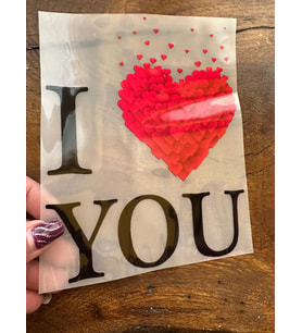 ÜTÜ İLE YAPIŞAN KALPLİ I LOVE YOU YAZI TRANSFER BASKI ARMA 18X15 CM