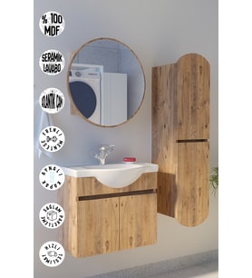 Erciyes Havlu Dolaplı 65cm Seramik Lavabolu MDF Oval Aynalı Banyo Dolabı