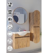 Erciyes Havlu Dolaplı 65cm Seramik Lavabolu MDF Oval Aynalı Banyo Dolabı (Atlantik Çam)