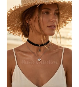 Siyah Kadife Çift Zincirli Eiffel Ve Kalp Detaylı Choker Kolye. El Yapımı Özel Tasarım