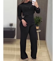 Kadın Uzun Kollu Yuvarlak Yaka Transparan Detaylı Triko Bluz Ve Pantolon Ikili Takım
