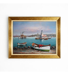 Tablore Nostaljik İstanbul Kız Kulesi Ve Deniz Sandalları Yağlı Boya Görünümlü Duvar Tablosu
